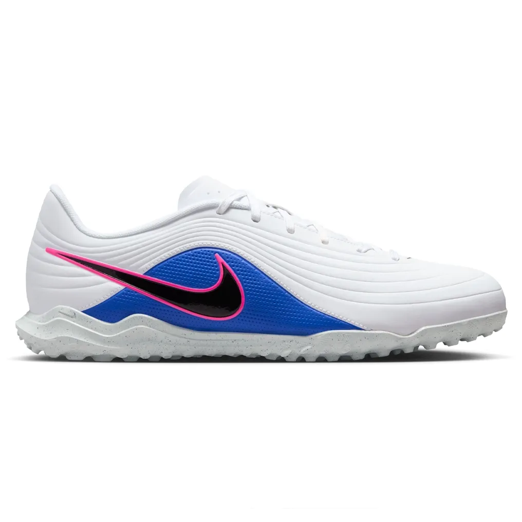 Chuteira Nike Tiempo Maestro branca com detalhes em azul e rosa vista frontal